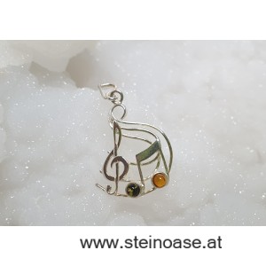 Bernstein Anhänger Brosche Note Notenschlüssel Violine Noten Musik amber Silber 